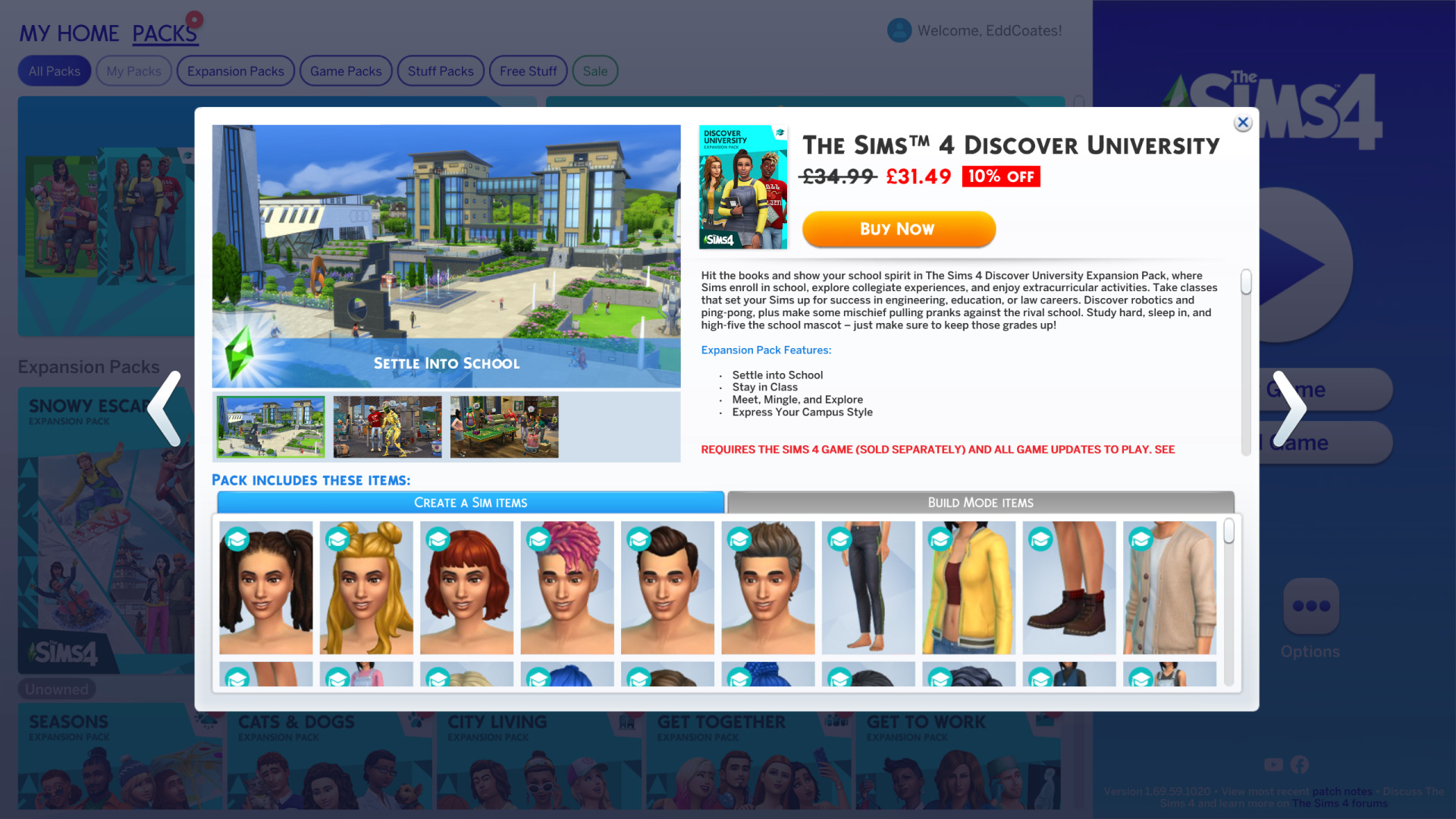 The Sims 4 Discover University Expansion Pack screen showing a university campus image, item previews, pricing at £31.49 with 10% off, and features like settling into school and exploring campus style.