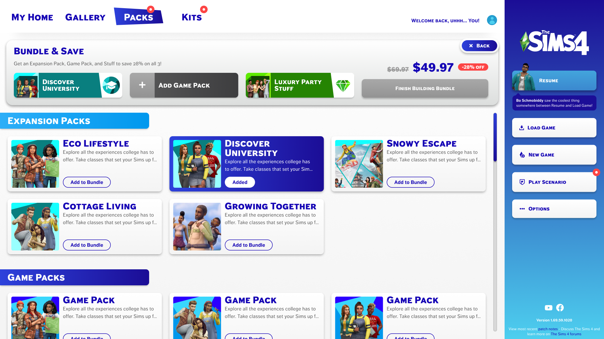 The Sims 4 packs store interface showing bundle offers, expansion packs like Eco Lifestyle, Discover University, Snowy Escape, Cottage Living, Growing Together, and game packs with options to add to bundle or finish building bundle at discounted price.