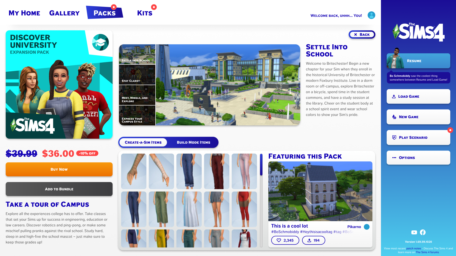 Sims 4 Discover University expansion pack page showing characters, campus features, clothing items, and pricing with buy and bundle options.