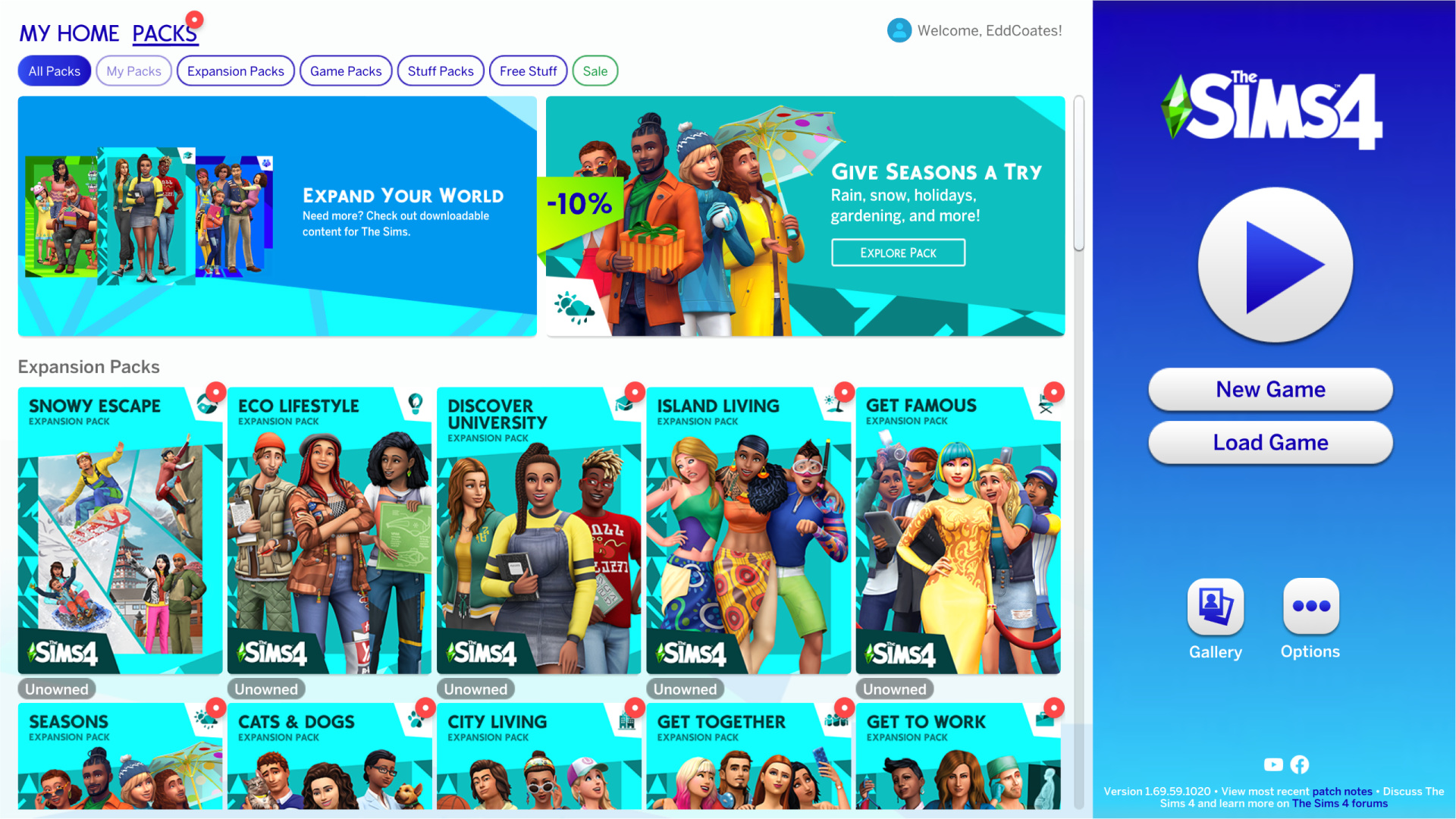 The Sims 4 game launcher featuring packs menu with various expansion pack covers like Snowy Escape, Eco Lifestyle, Discover University, Island Living, and Get Famous, plus buttons for New Game, Load Game, Gallery, and Options.