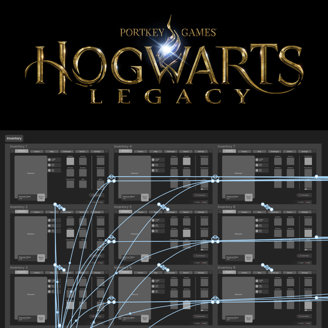 Logo of Portkey Games Hogwarts Legacy above diagrams of game inventory screens connected by blue flowchart lines in Figma.