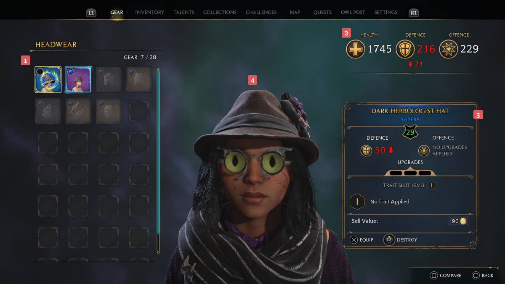 Video game gear menu showing headwear selection with Dark Herbologist Hat equipped, featuring a character wearing a brown hat with glasses having green cat-like lenses.