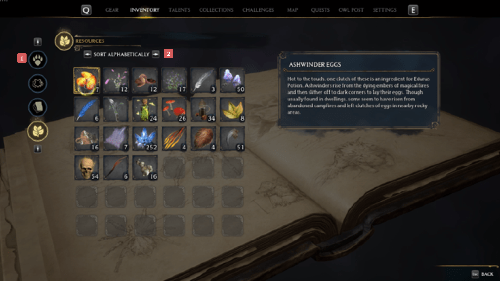 Video game inventory screen showing various resource items including herbs, feathers, crystals, and ashwinder eggs with a description panel on the right.