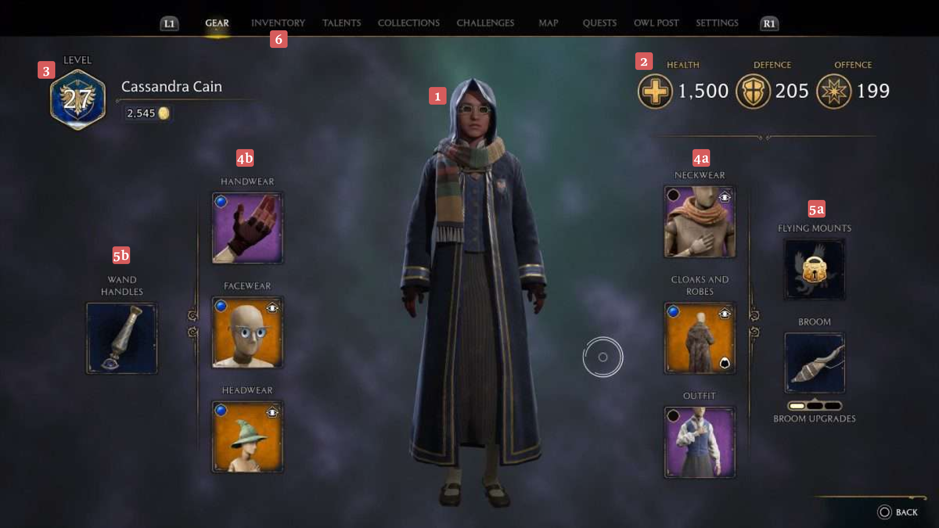 Video game gear screen showing character Cassandra Cain at level 27, with health 1500, defence 205, offence 199, displaying equipped items including neckwear, cloaks and robes, outfit, handwear, facewear, headwear, wand handles, flying mounts, and broom upgrades.
