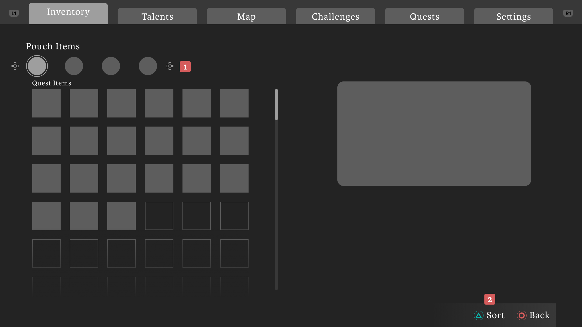 Video game inventory screen showing pouch items with quest items grid and menu tabs including Inventory, Talents, Map, Challenges, Quests, and Settings.