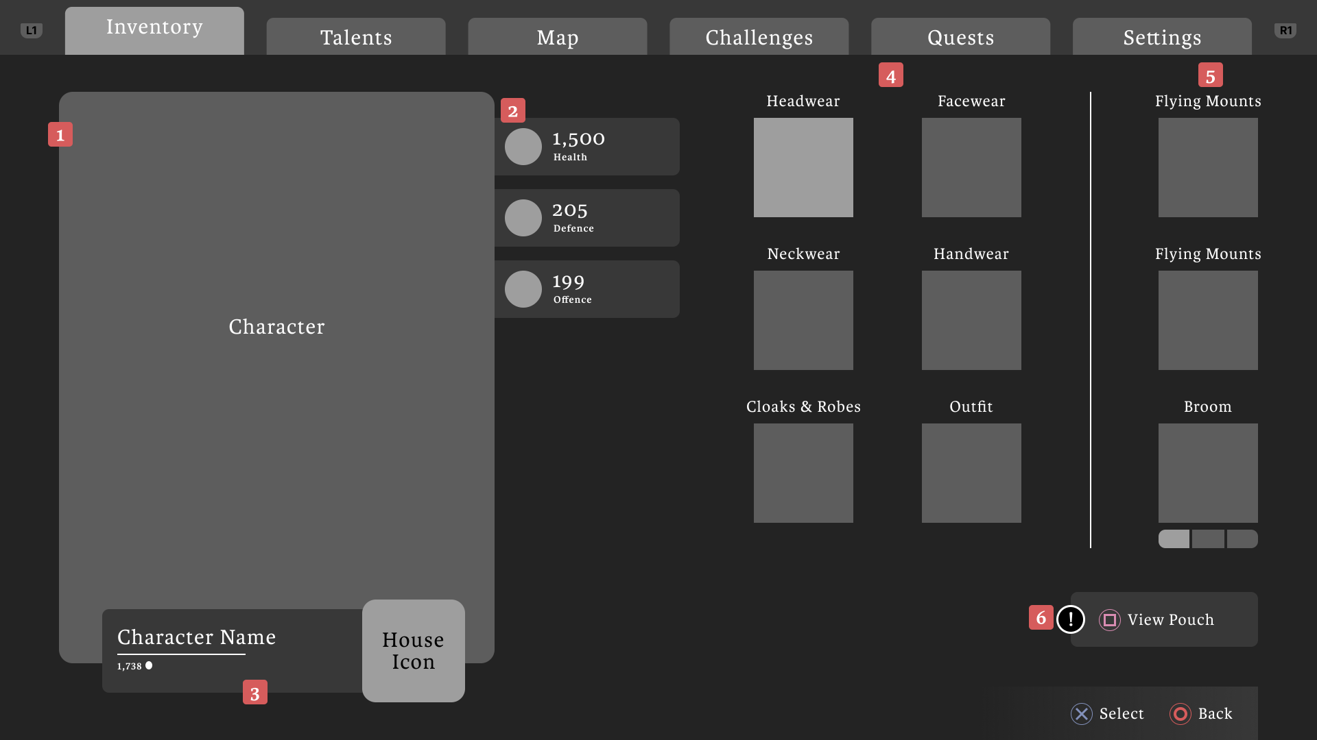 Video game inventory screen showing character details, health 1500, defence 205, offence 199, and slots for headwear, facewear, neckwear, handwear, cloaks and robes, outfit, flying mounts, and broom.
