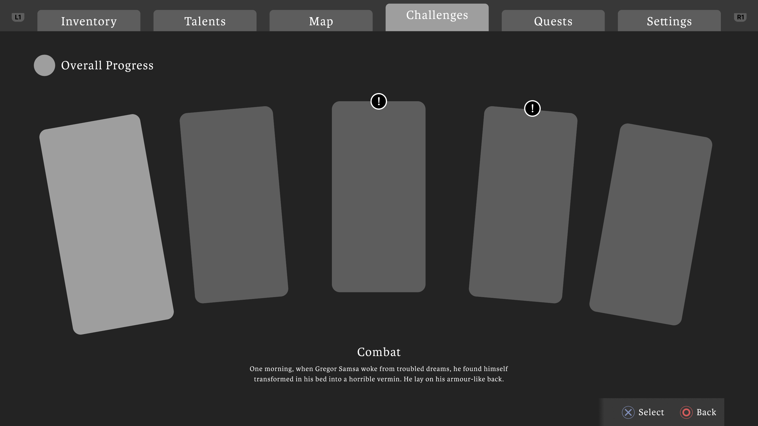 Video game menu screen showing the Challenges tab with five challenge cards, two marked with exclamation icons, and descriptive text about Combat challenge.