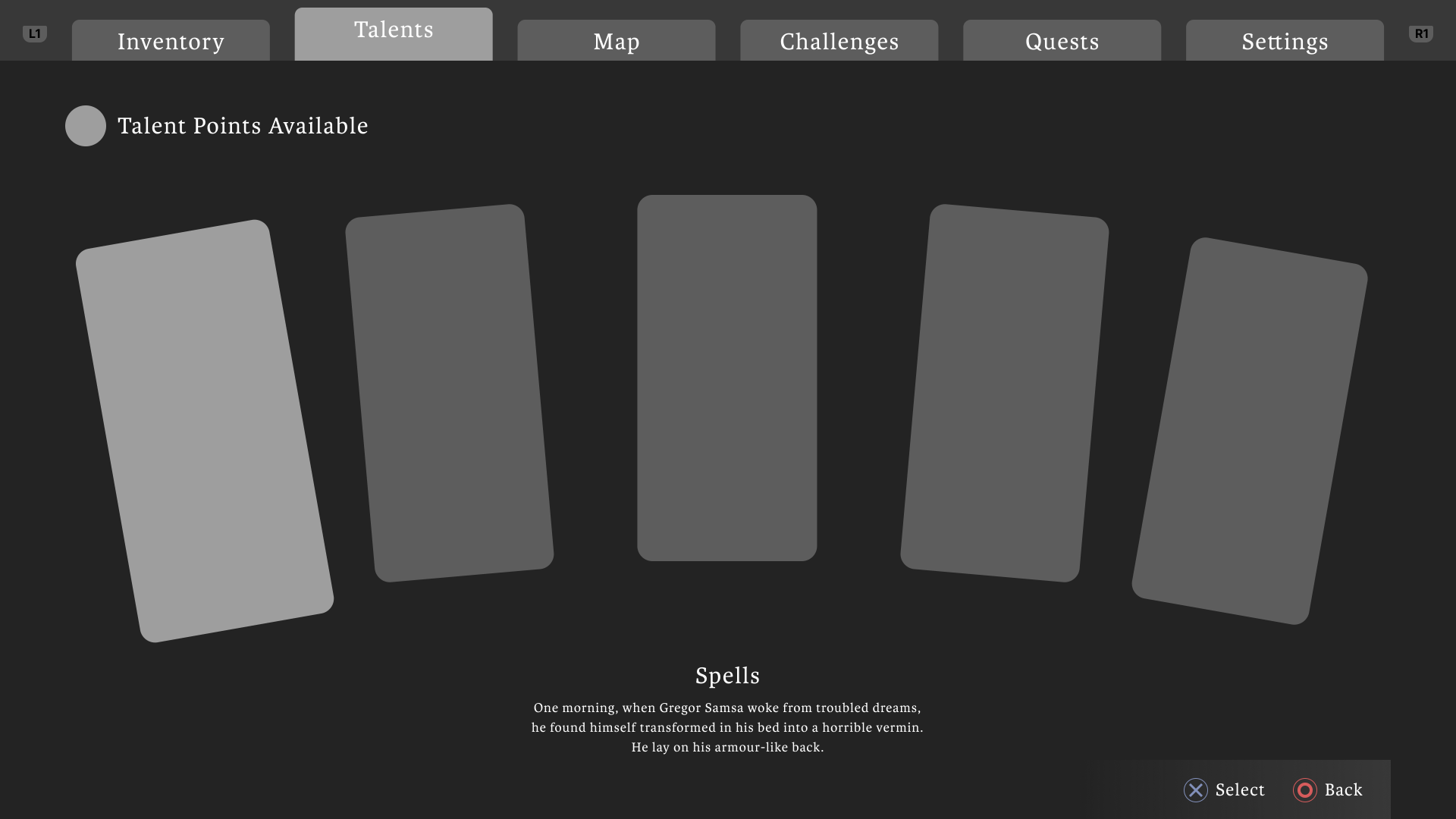 Video game menu with tabs for Inventory, Talents, Map, Challenges, Quests, and Settings; the Talents tab is selected showing five gray cards labeled Spells and a note about talent points available.