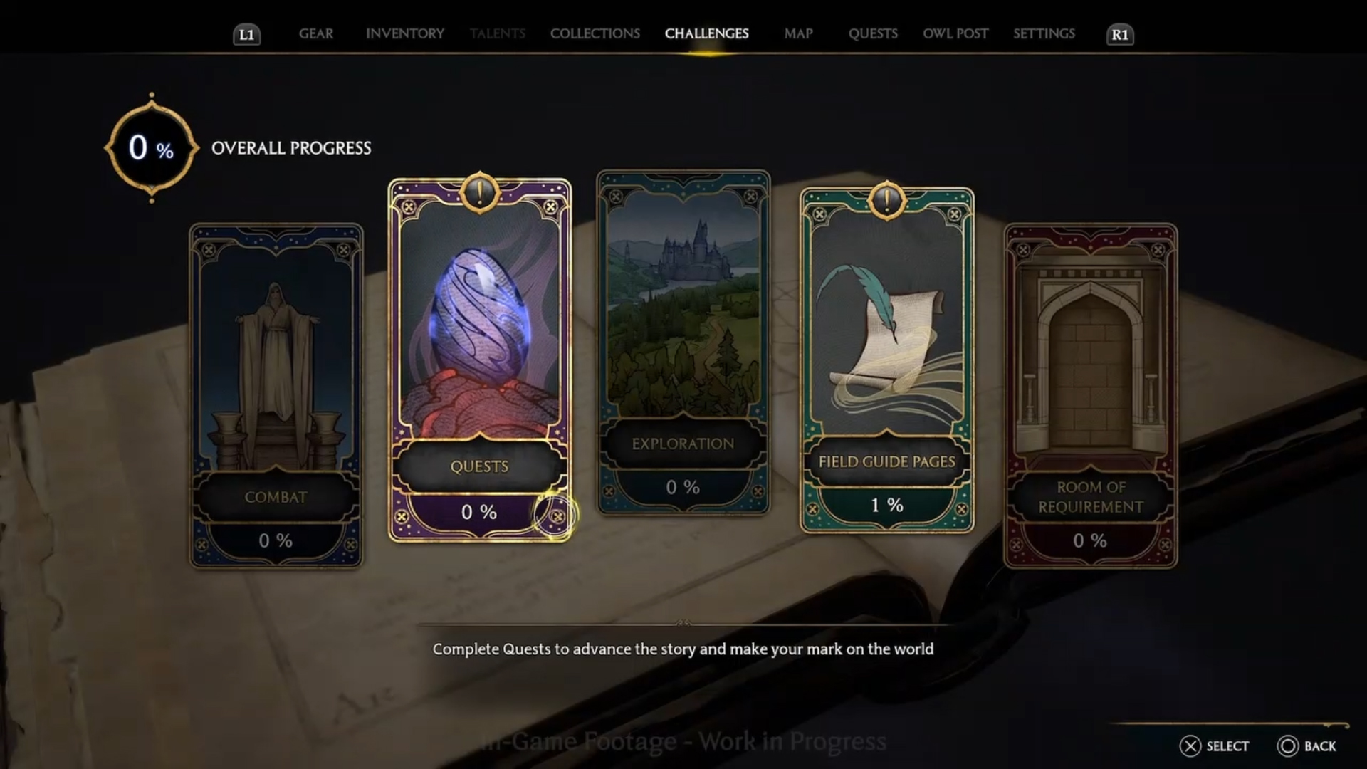 Game challenges menu showing five categories: Combat, Quests, Exploration, Field Guide Pages, and Room of Requirement with progress percentages.