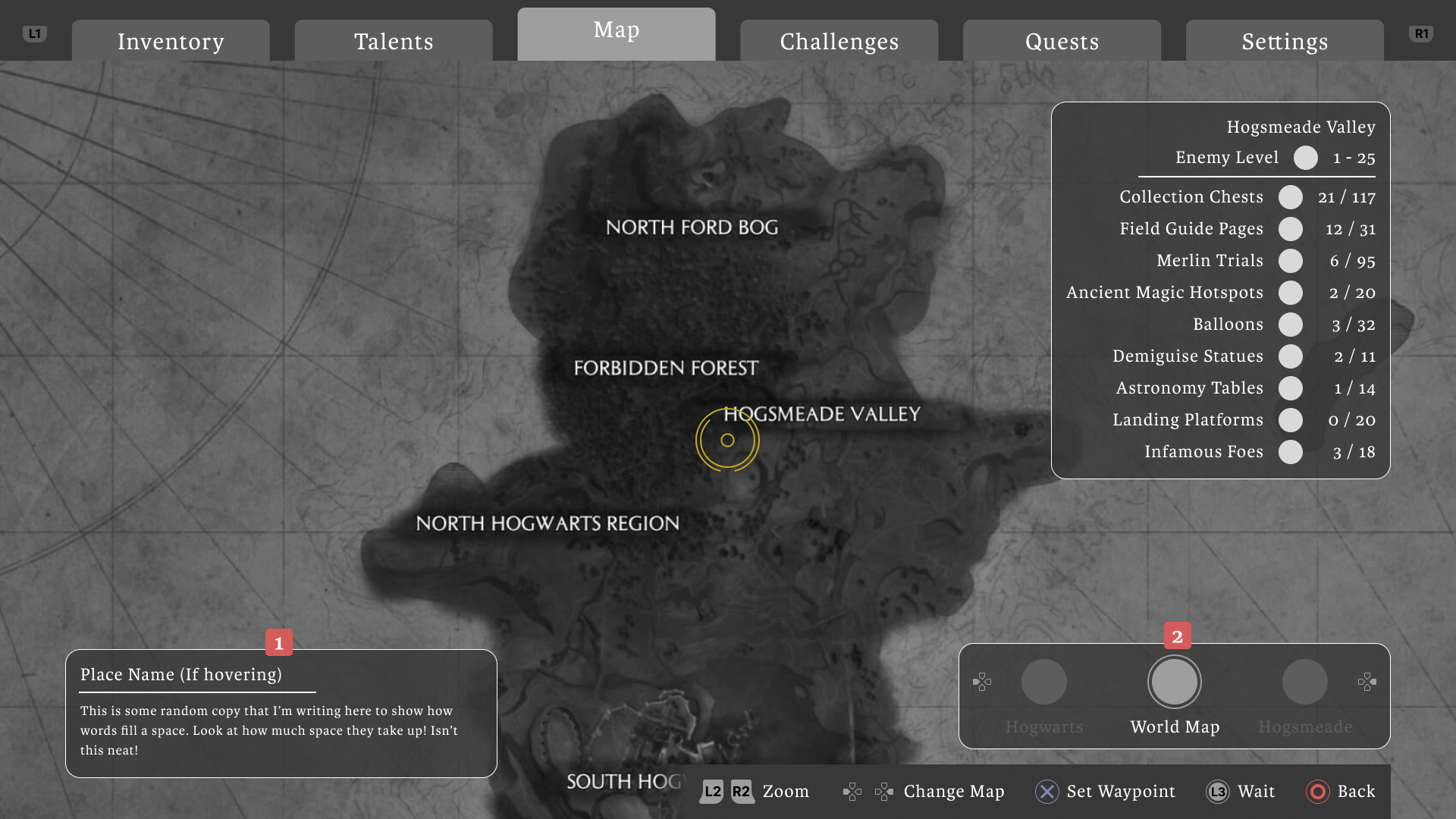 Game map screen showing Hogsmeade Valley, North Hogwarts Region, North Ford Bog, Forbidden Forest, and South Hogwarts with a details panel listing collection stats and control guide.