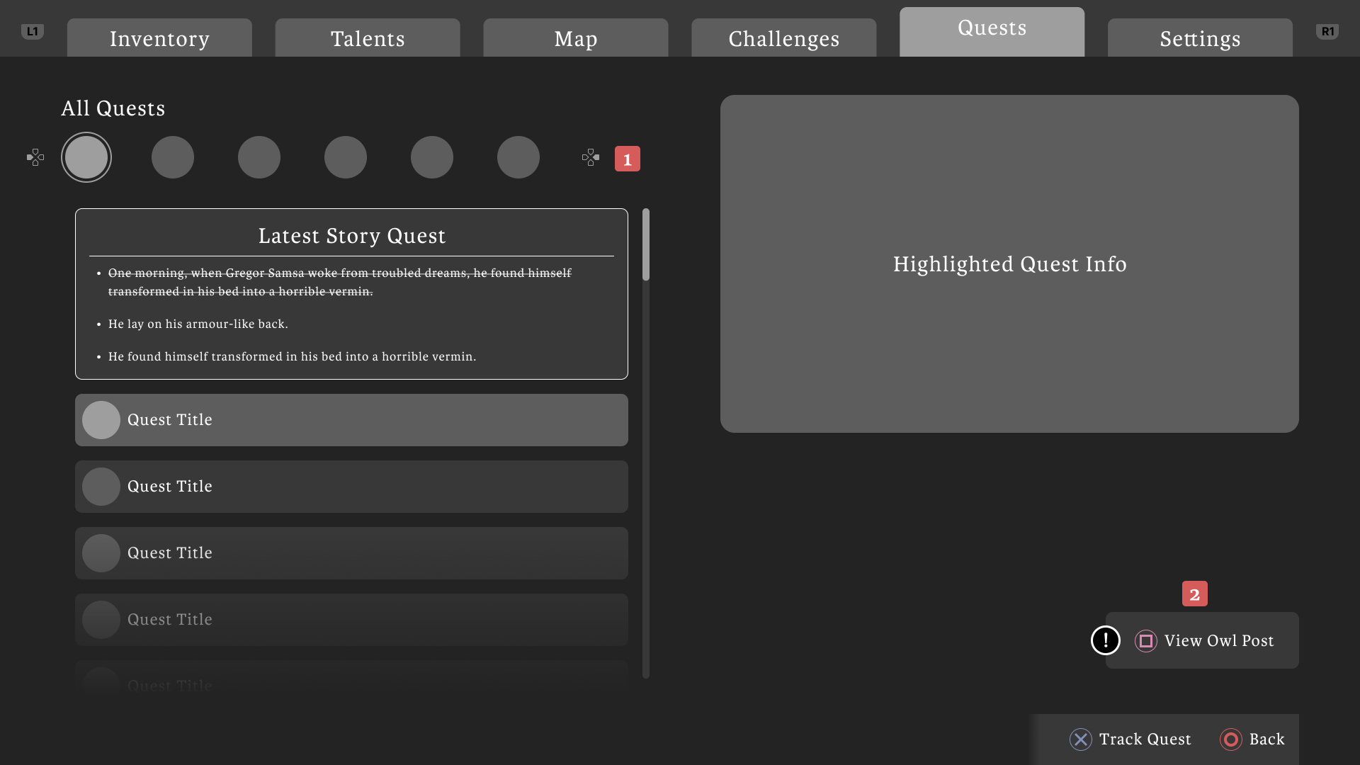 Video game quest menu screen showing tabs for Inventory, Talents, Map, Challenges, Quests, and Settings, with a list of quests on the left and a highlighted quest info panel on the right.