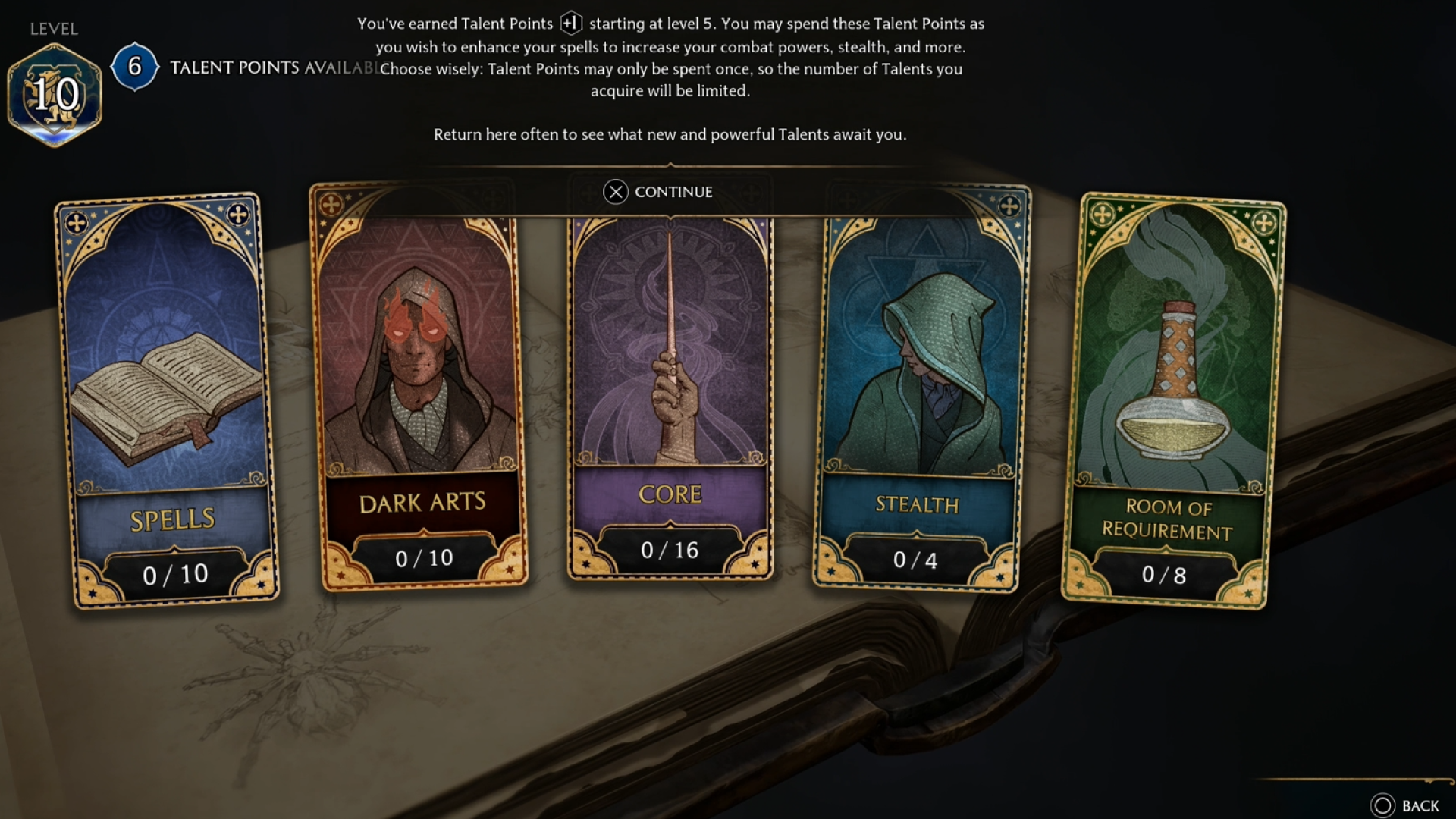 Game talent screen showing level 10, 6 talent points available, with talent categories Spells, Dark Arts, Core, Stealth, and Room of Requirement.