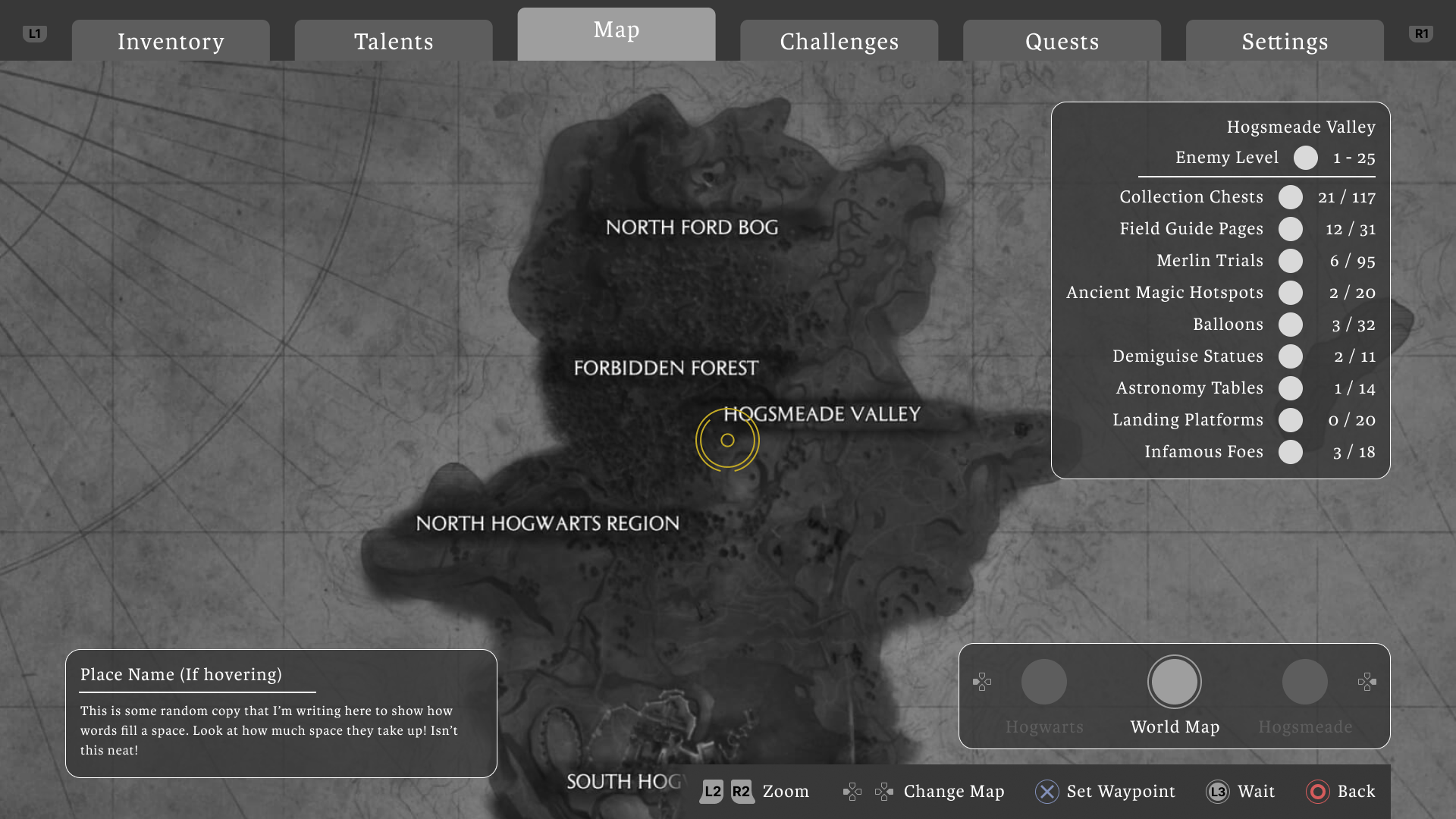 Video game map screen showing regions North Ford Bog, Forbidden Forest, Hogsmeade Valley, and North Hogwarts Region with a stats panel for Hogsmeade Valley collectibles and controls for zoom, map change, waypoint, wait, and back.