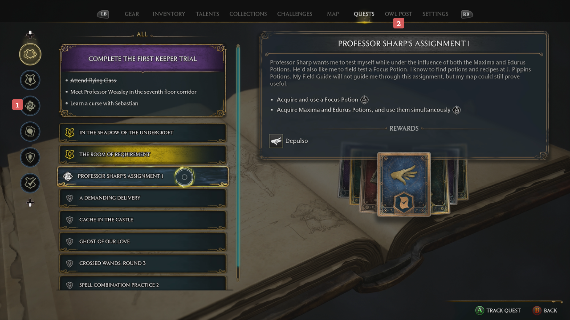 Video game quest menu showing a list of quests on the left and details of 'Professor Sharp's Assignment 1' on the right, including objectives and rewards.