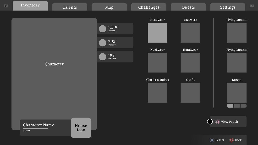 Video game inventory UI showing character stats for health, defense, and offense, equipment slots for headwear, facewear, neckwear, handwear, cloaks & robes, outfit, flying mounts, and broom, with navigation tabs at top.