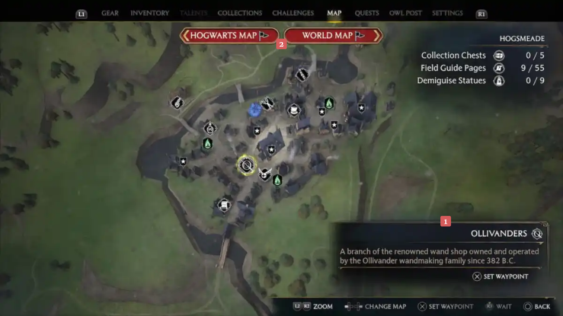 Map of Hogsmeade village in a game screen showing various icons for collectibles and landmarks, with Ollivanders wand shop highlighted and a description about its wandmaking history.