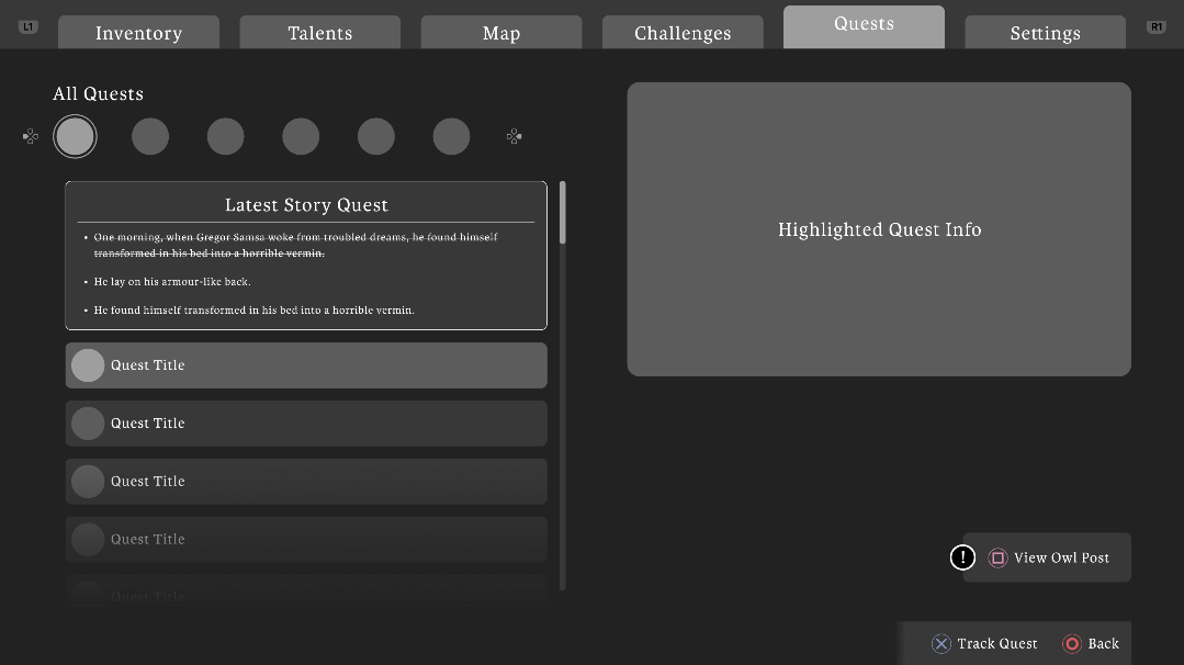 Video game quest menu showing tabs for Inventory, Talents, Map, Challenges, Quests, and Settings, with Quests tab selected. Quest list on the left includes a Latest Story Quest summary, and options to track or view quest details.