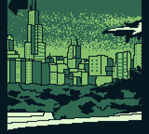 Pixel art cityscape with tall buildings, dark green foliage in foreground, and a speckled sky.