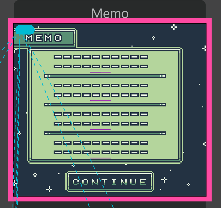 Pixel art style game screen titled Memo with a dialog box containing unreadable text lines and a CONTINUE button below.