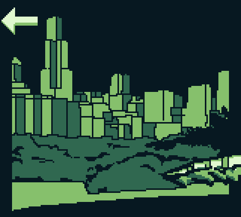 Pixel art style cityscape with green buildings, trees in foreground, and a large left-pointing arrow in upper left corner.