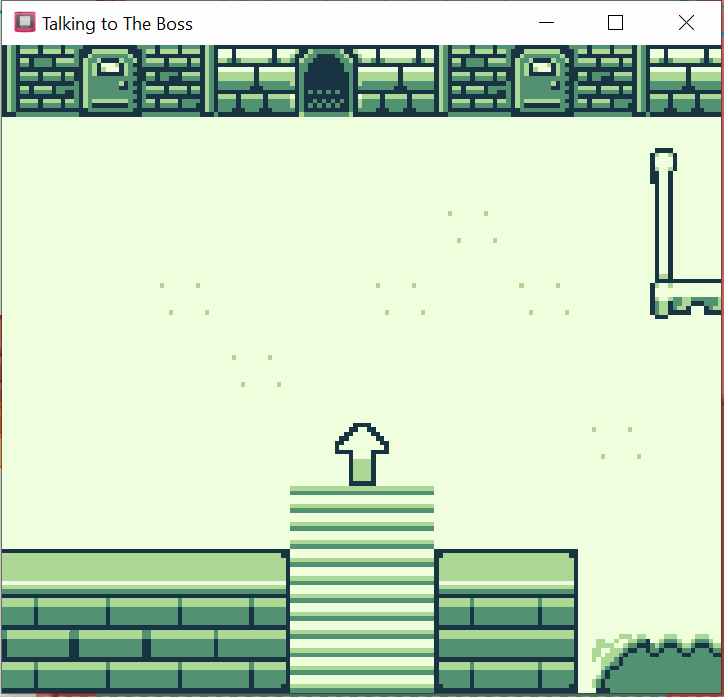 Pixel art video game scene showing a character standing in front of stairs leading to a door in a brick wall with two mailboxes on either side.