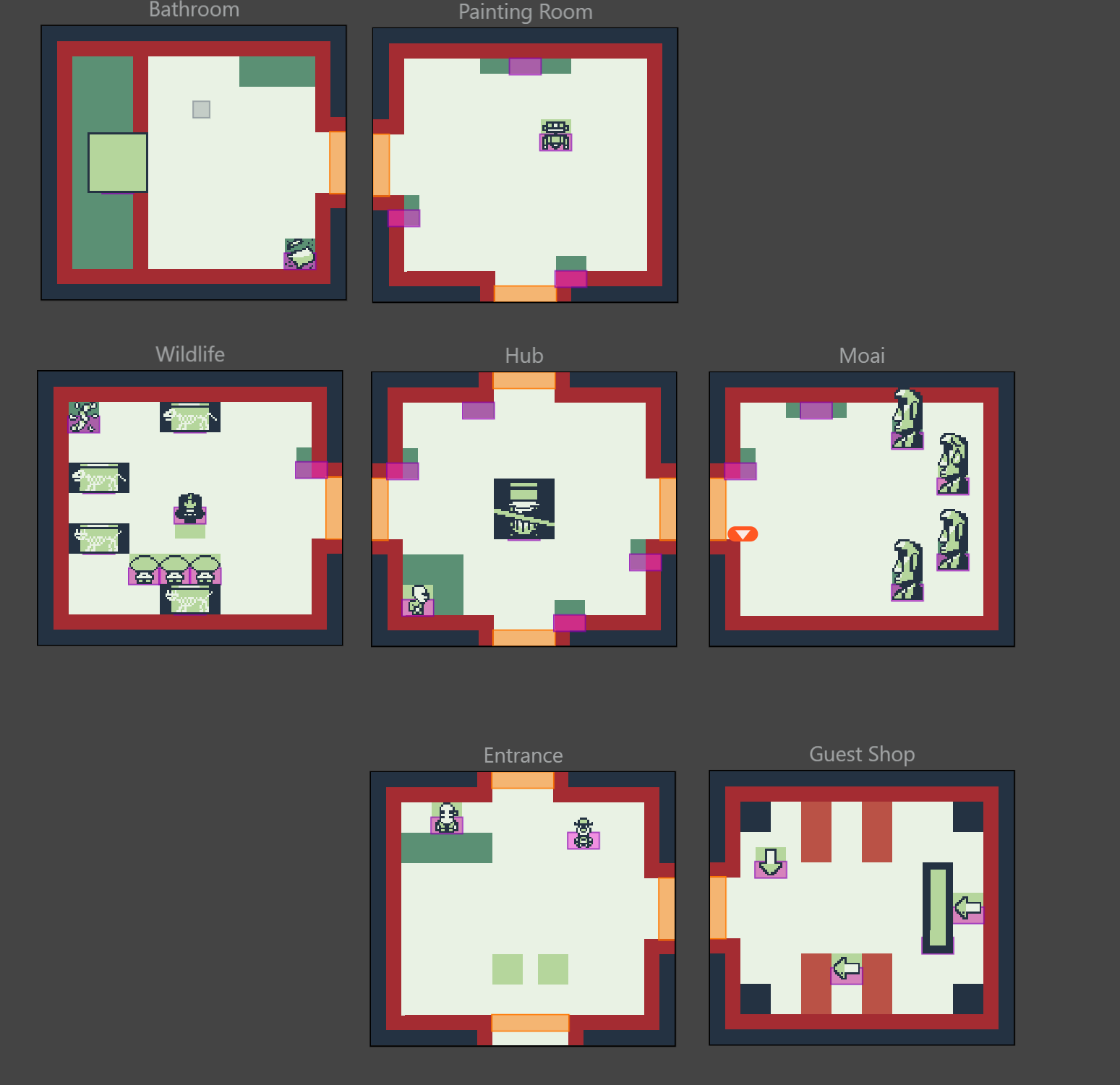 Pixel art map showing eight labeled rooms including Bathroom, Painting Room, Wildlife, Hub, Moai, Entrance, and Guest Shop, each with distinct pixel characters and decorations.