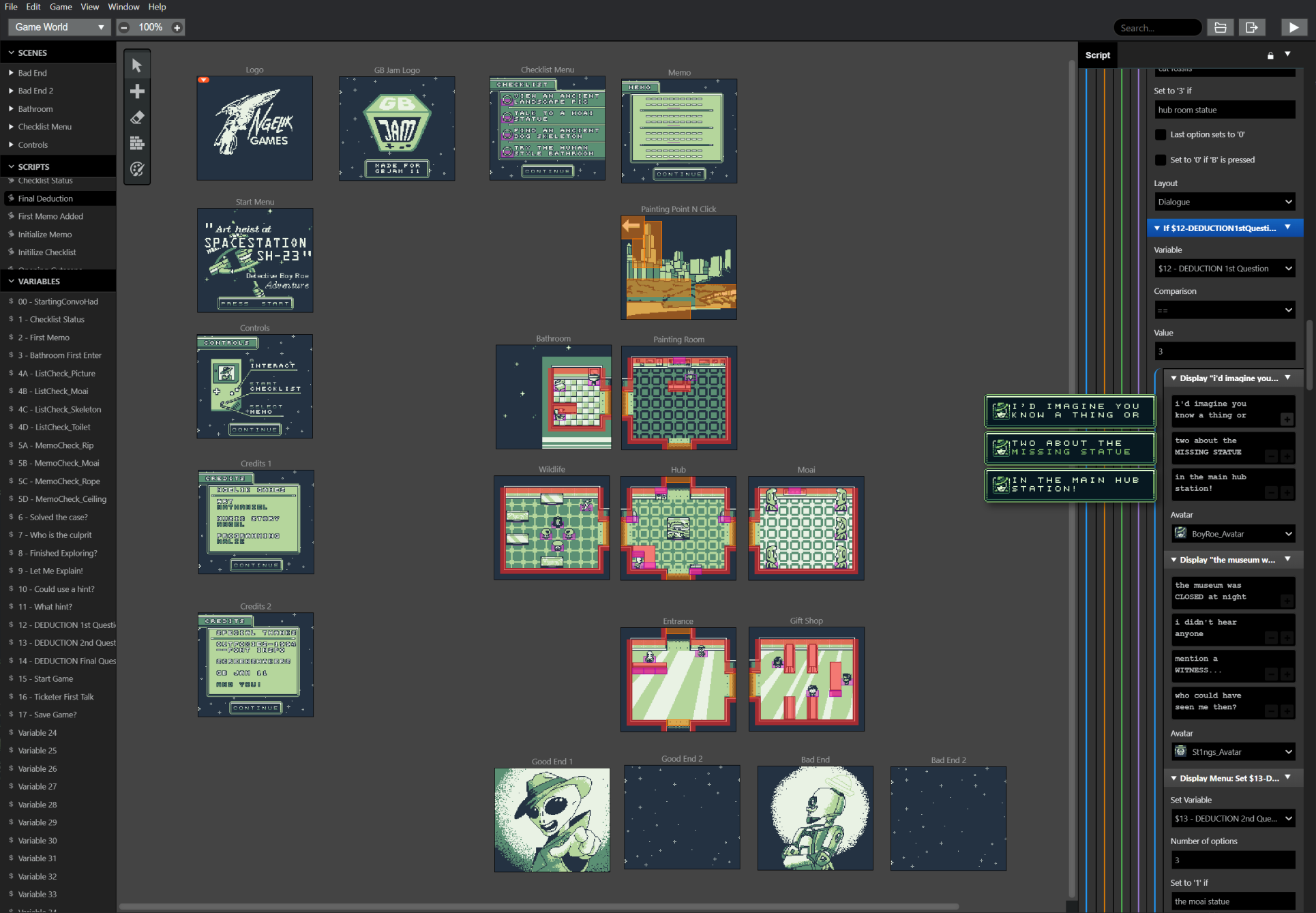 Game development interface showing pixel art game map, scenes, scripts, variables, and dialogue choices in a dark-themed editor.