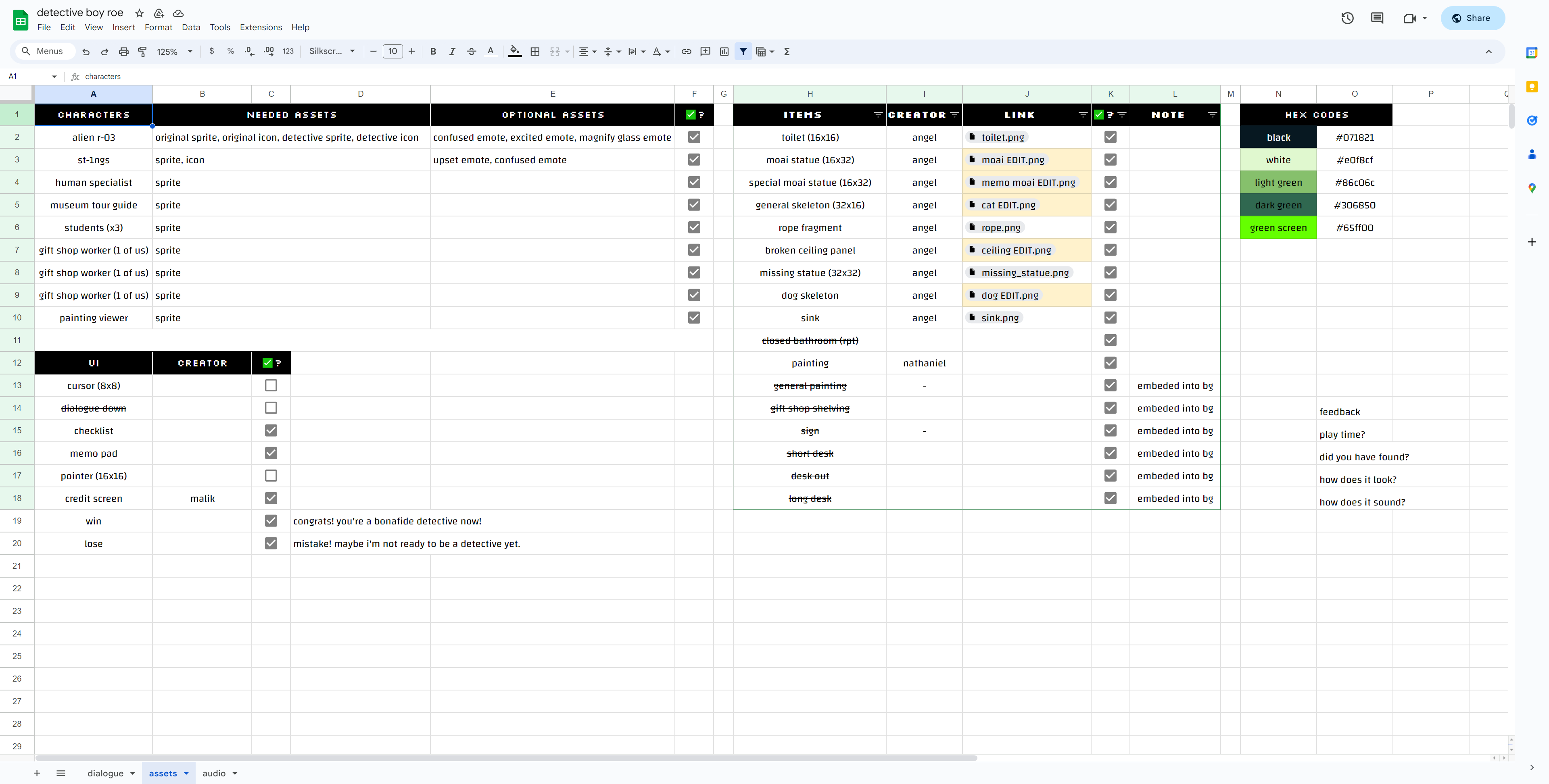 Spreadsheet showing game asset tracking for characters, UI, and items with columns for needed and optional assets, creator, links, checkmarks, notes, and hex color codes.
