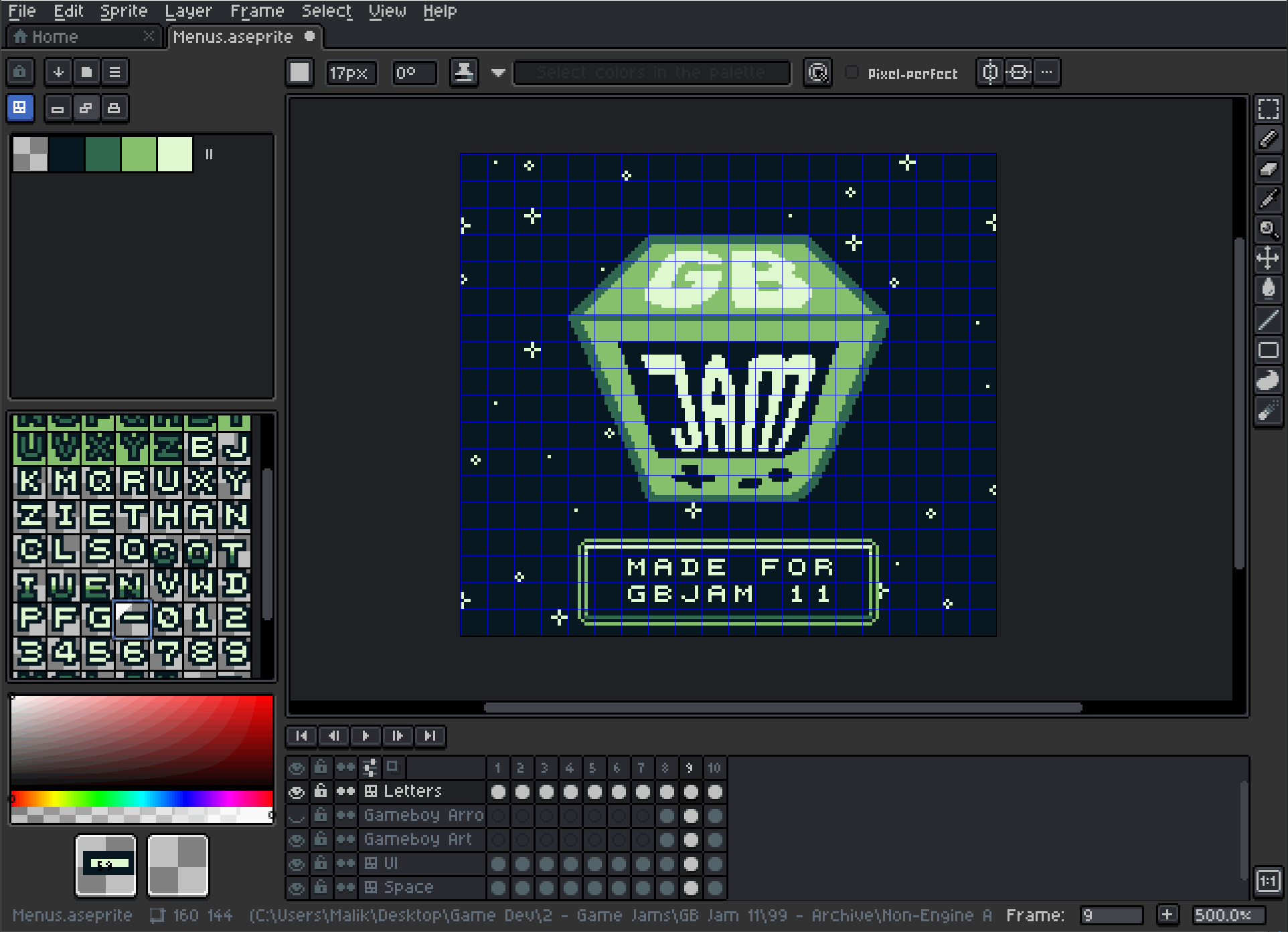 Aesprite editor interface showing a green hexagonal logo with the text 'GB JAM7' and 'MADE FOR GBJAM 11' on a starry background.