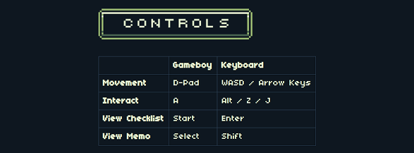 Game controls chart comparing Gameboy and Keyboard inputs: Movement uses D-Pad or WASD/Arrow Keys; Interact uses A or Alt/Z/J; View Checklist uses Start or Enter; View Memo uses Select or Shift.