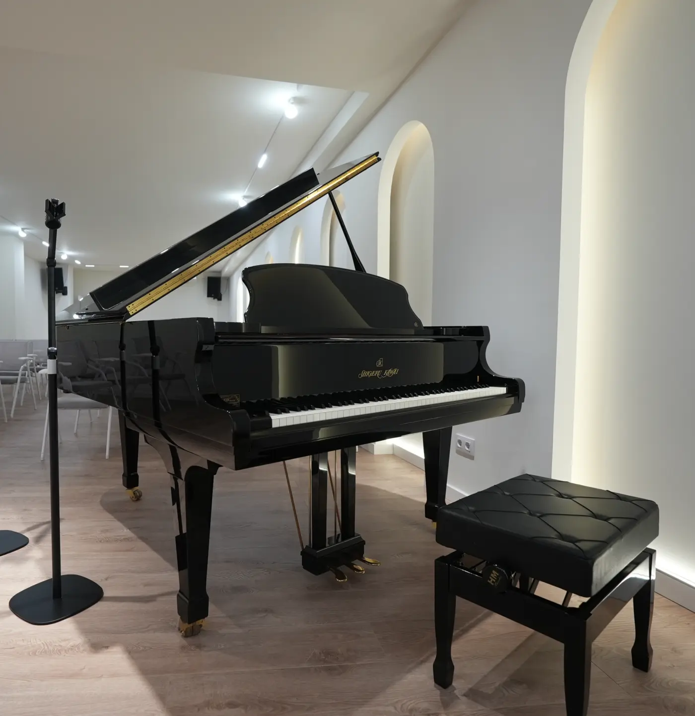 Piano de cola negro en una sala con paredes blancas y banco tapizado a juego.