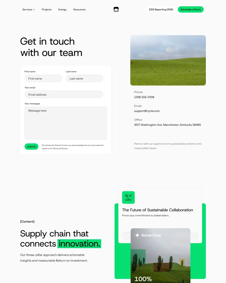 Contact form titled 'Get in touch with our team' featuring fields for first name, last name, email, and message with a green Submit button, alongside contact details and a small landscape image of a green field under a cloudy sky.