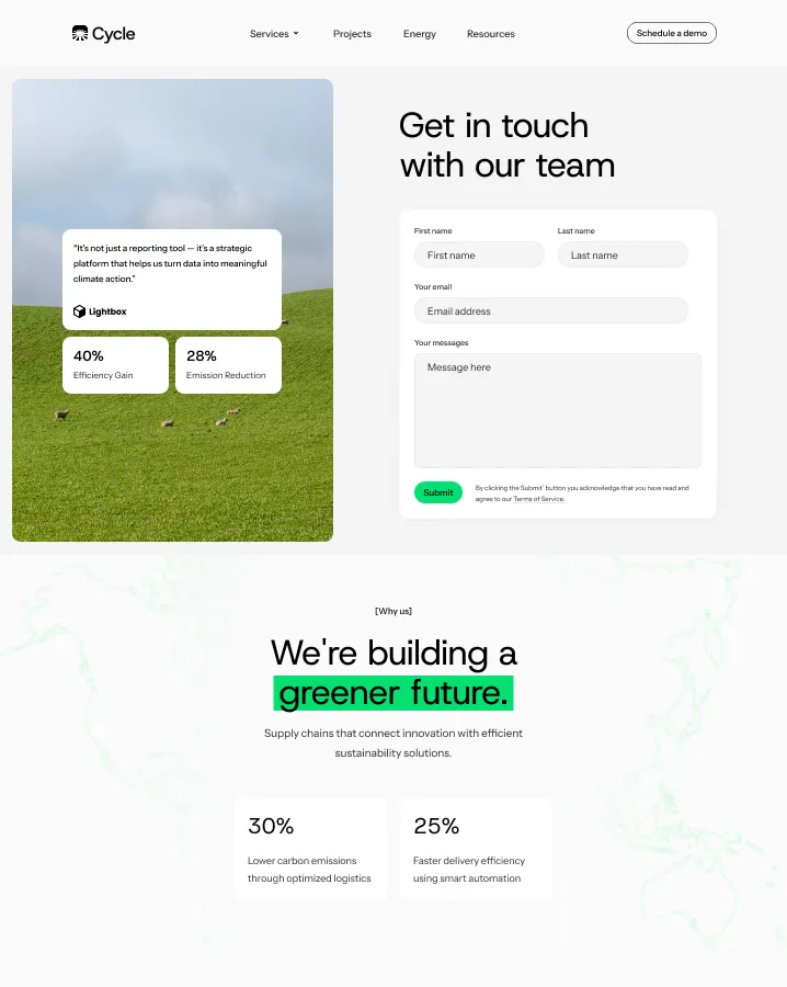 Website contact section with a form asking for first name, last name, email, and message, alongside a testimonial highlighting a 40% efficiency gain and 28% emission reduction with a background of a grassy hill and cloudy sky. Below, a sustainability message states 'We're building a greener future' with stats on reducing carbon emissions and improving delivery efficiency.