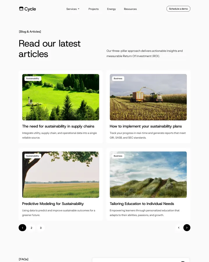 Webpage section titled ‘Read our latest articles’ showing four article previews with images and summaries about sustainability and business topics.
