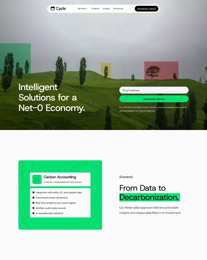 Webpage header with green hills and scattered tall trees, text 'Intelligent Solutions for a Net-0 Economy,' an email input field, and a green 'Schedule a Demo' button; below, a section highlighting 'Carbon Accounting' features and 'From Data to Decarbonization' text.