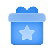 Blue gift box with a star symbol on the front and a bow on top.