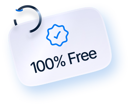 White tag with a blue checkmark icon and text reading 100% Free.