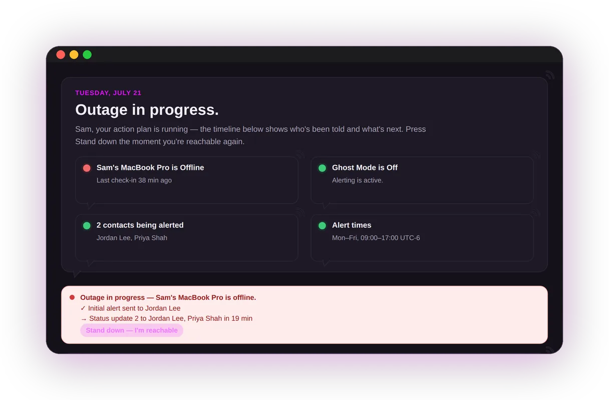 The proxigenta web app during an outage: status cards show the Mac offline, two contacts being alerted, the alerting window, and a timeline of who has been told, with a Stand down button