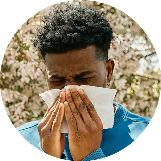 Man with curly hair blowing his nose into a tissue outdoors with flowering trees behind him.