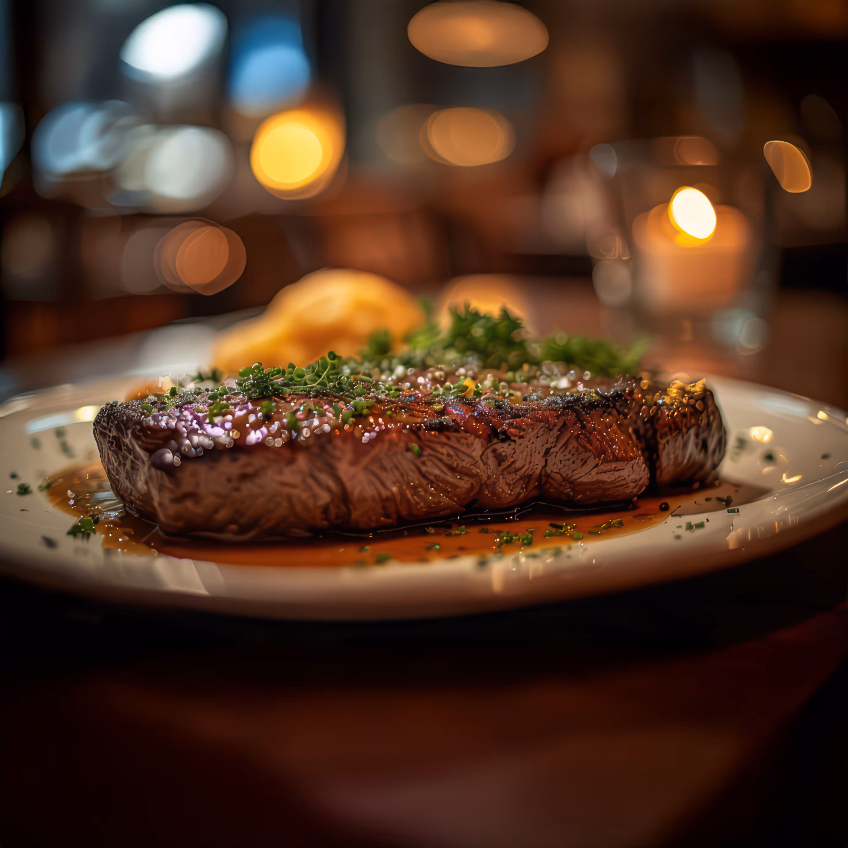 A juicy, grilled steak garnished with herbs and served on a white plate.