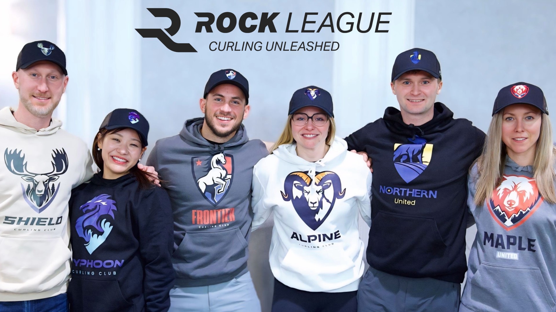Rock League captains (from left to right) Brad Jacobs, Chinami Yoshida, Korey Dropkin, Alina Paetz, Bruce Mouat and Rachel Homan show off their new gear.