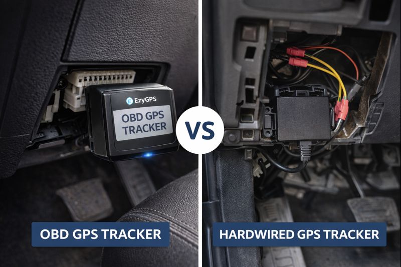 Comparison of an OBD GPS tracker plugged into a vehicle versus a hardwired GPS tracker installed behind the dashboard