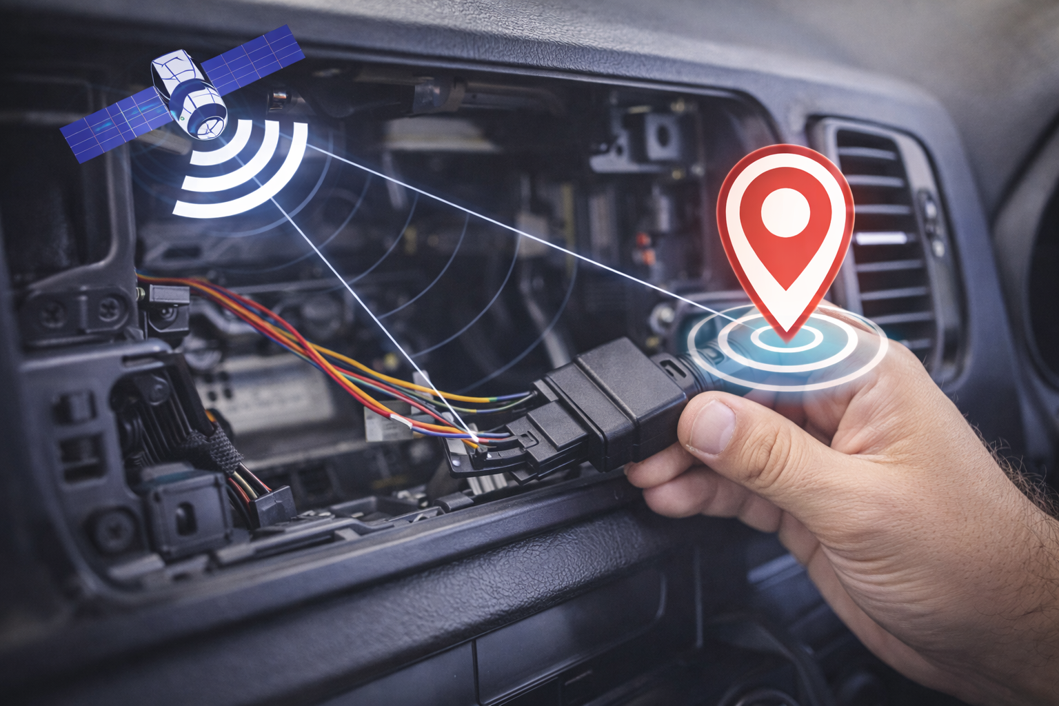 Hardwired GPS tracker installed behind a vehicle dashboard for discreet long-term tracking in Australia