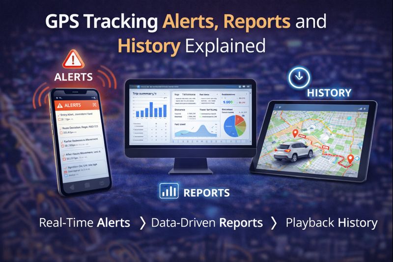 GPS tracking system displaying alerts, reporting dashboards and vehicle history playback