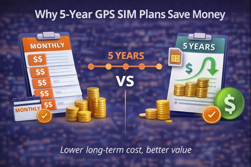 Long-term GPS SIM plan illustrating reduced vehicle tracking costs over five years