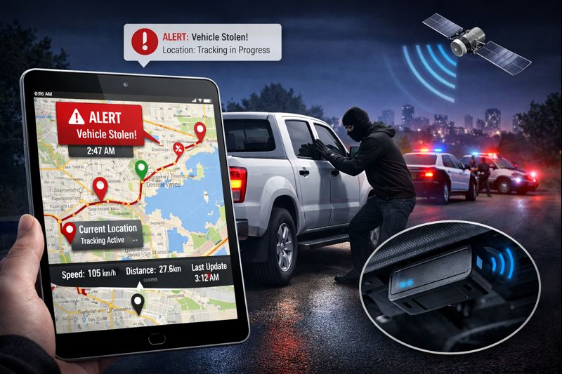 Vehicle theft prevention case study showing GPS tracking alerts and real-time location used to recover a stolen vehicle 