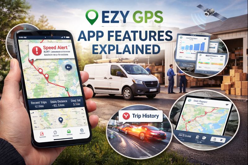 EZY GPS fleet tracking app showing live GPS tracking, alerts, trip history, and reporting for Australian small businesses
