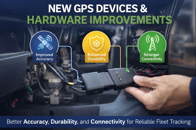 Upgraded GPS tracking hardware for fleet vehicles, highlighting improved accuracy, durability, and network connectivity