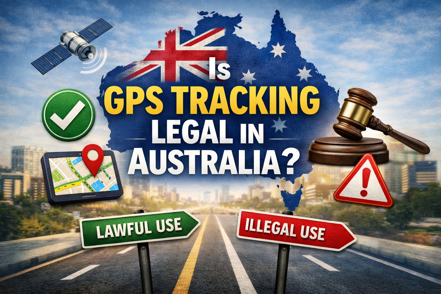 Is GPS tracking legal in Australia showing legal and illegal use with Australian map, law gavel and GPS icons