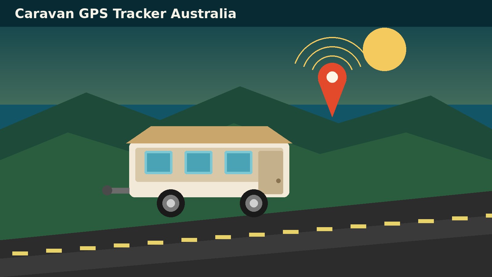 Flat illustration of a caravan on an Australian highway with a GPS location pin and signal waves